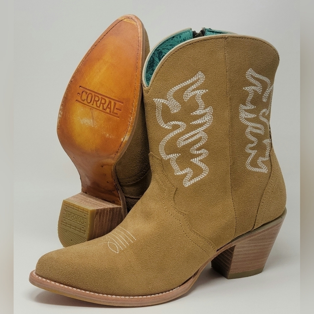 Corral Western Ankle Boots Pointed Toe Embroidered Camel Womens Size 11 New